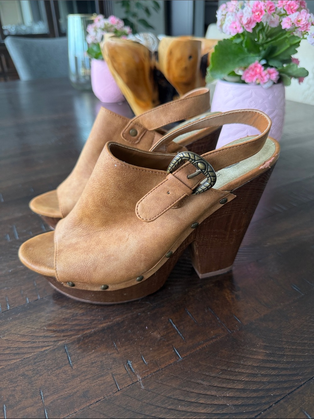 GUESS Tan Suede Platform Clog Sandals with Buckle